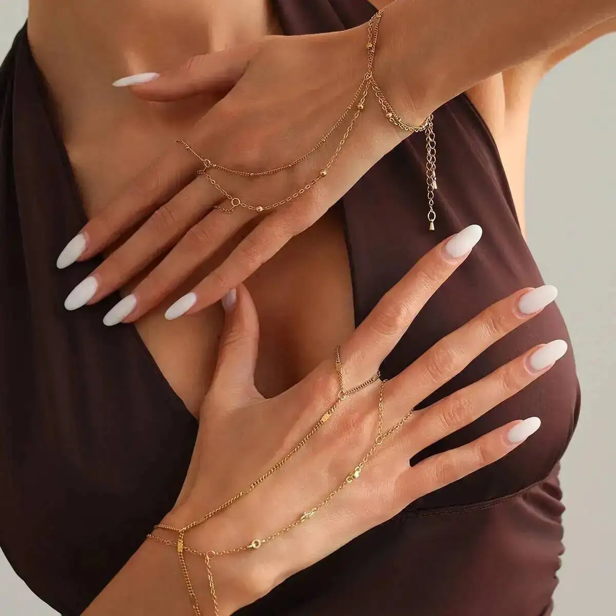 SHIXIN Exquisite Stainless Steel Zircon Hand Chain Bracelet Women Thin Link Chain Connecting Harness Bracelet Ring Hand Jewelry