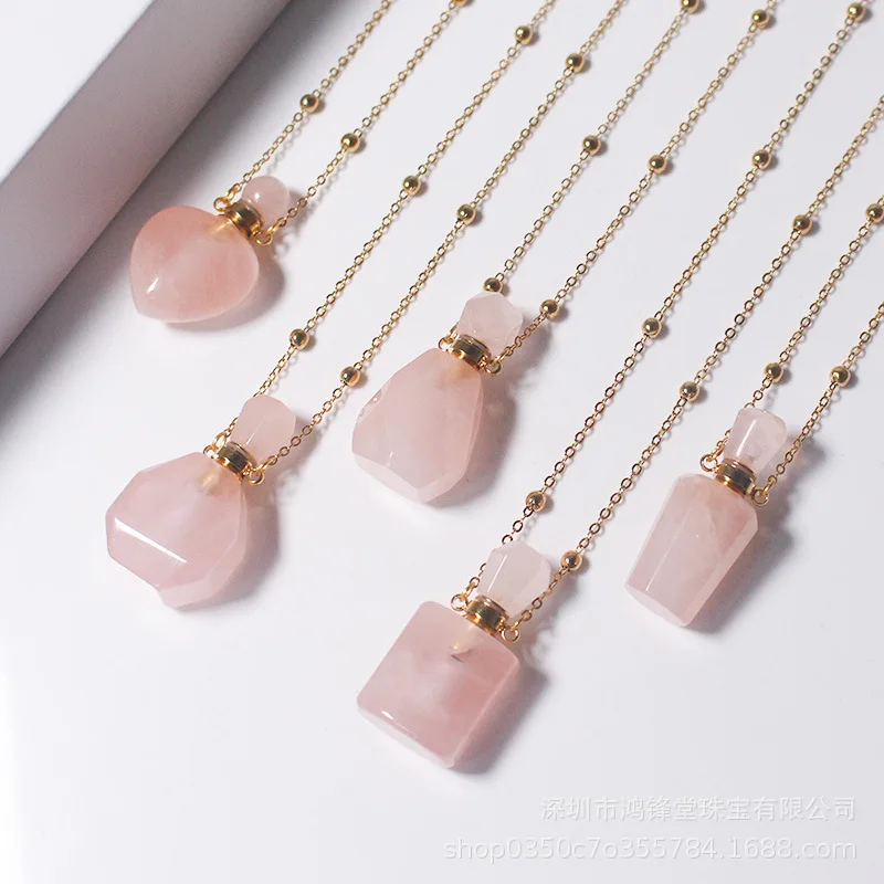 Natural Pink Crystal Perfume Bottle Pendant Sweater Chain Necklace Hollow Bottle Liquid Perfume Essential Oil Cinnabar Bottle