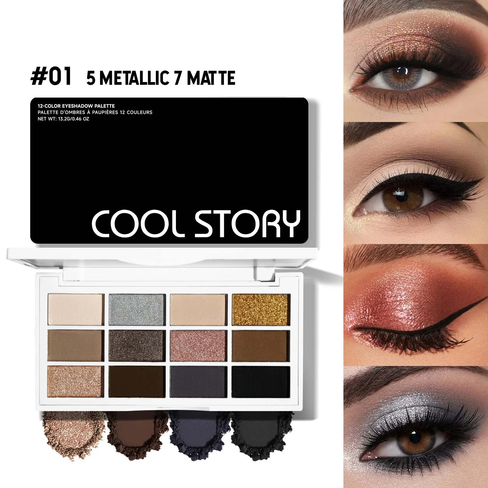 12-farbige Lidschattenpalette, kaffeebraune und nackte Metalltöne, mattierter Glitzer und Metallic-Finish, rauchiges Make-up, Party und Bühne