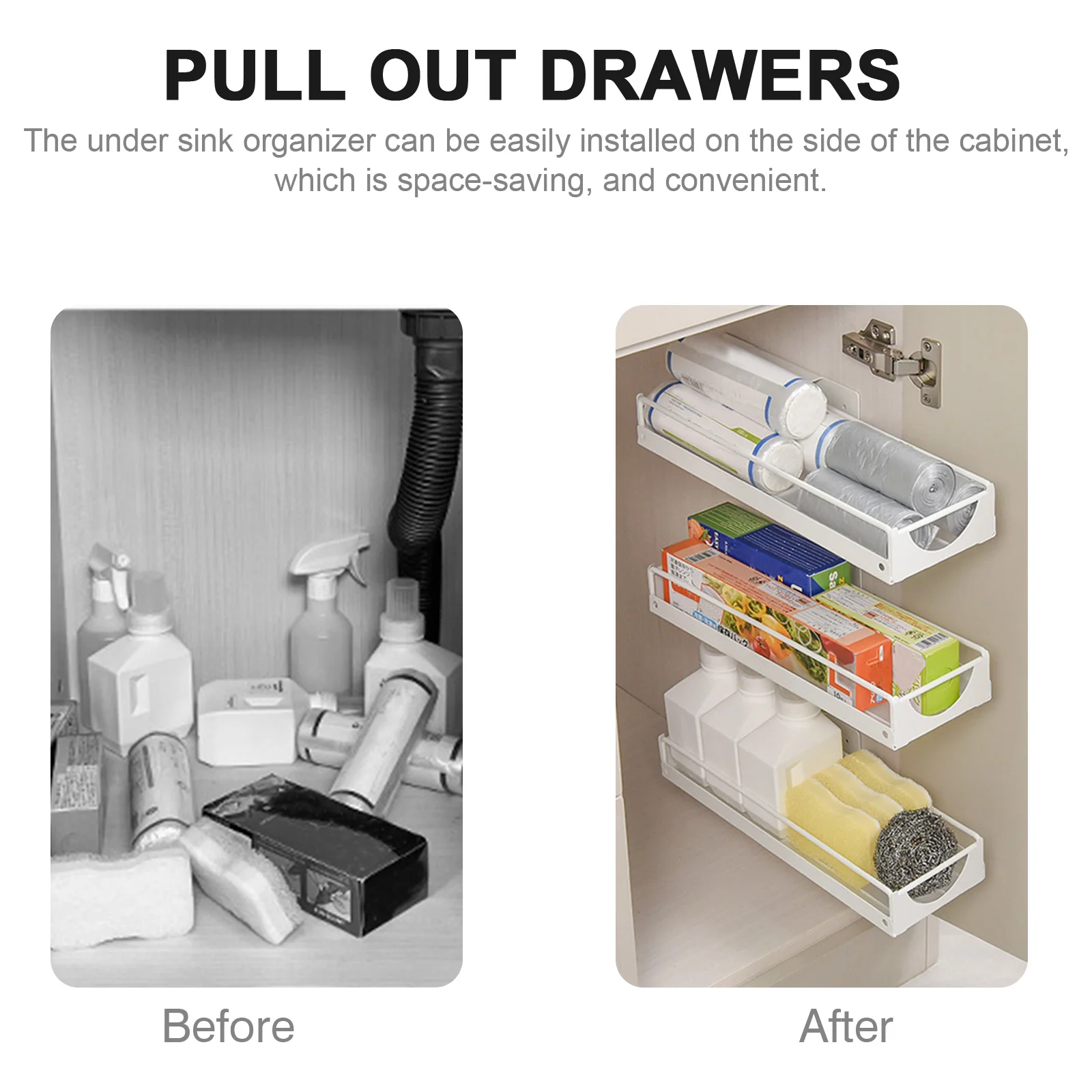

Pull Out Drawers Sliding Sink Storage Rack Under Sink Organizer Metal Kitchen Cabinet Retractable Shelf Holder Small Size White