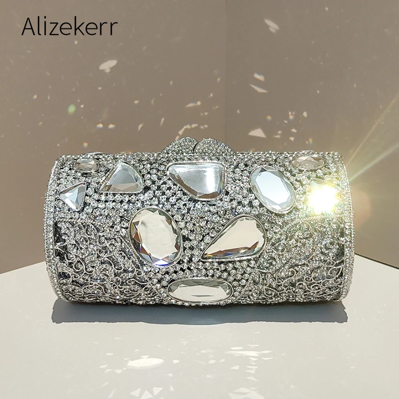 

Alizekerr Cylindrical Crystal Evening Bags Women Gorgeous Sparkling Rhinestone Purses Ladies Hollow Out Metal Handbags Party