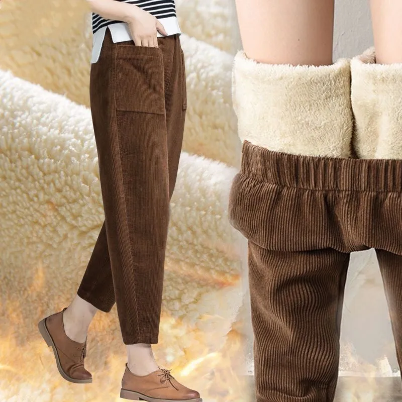 

Утепленные вельветовые брюки-харланы женские, осенне-зимние, повседневные, с высокой талией, укороченные, из овчины, теплые, модные