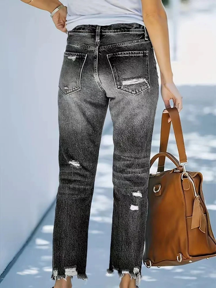 Celana Jeans Kasual Wanita Model Sobek Distressed 2025, Celana Panjang Straight Leg dengan Ujung Raw Edge dan Frayed Hem yang Modis