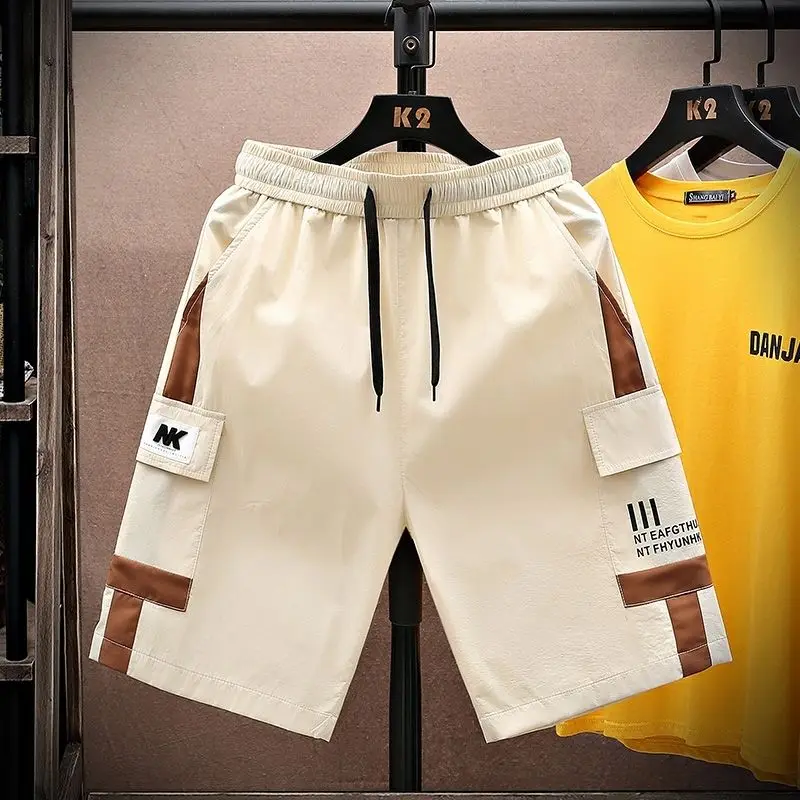 Fashion Elastic Spliced Pockets Printed Casual Shorts Men's Clothing Summer New Loose All-match High Waist Knee Shorts