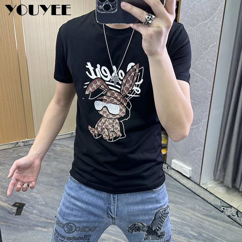 Short-sleeved T-shirt Men\'s 2023 Summer New Year Rabbit Print Fashion Male Tees Round-neck Top Bottom Shirt Man Clothing M-7XL