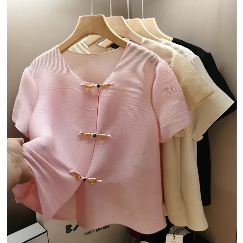 

Miyake Pleated Plate Button Blouse Women's New Casual Versatile Solid Color Short Sleeve Shirt Jacket Loose Commuter Clothing