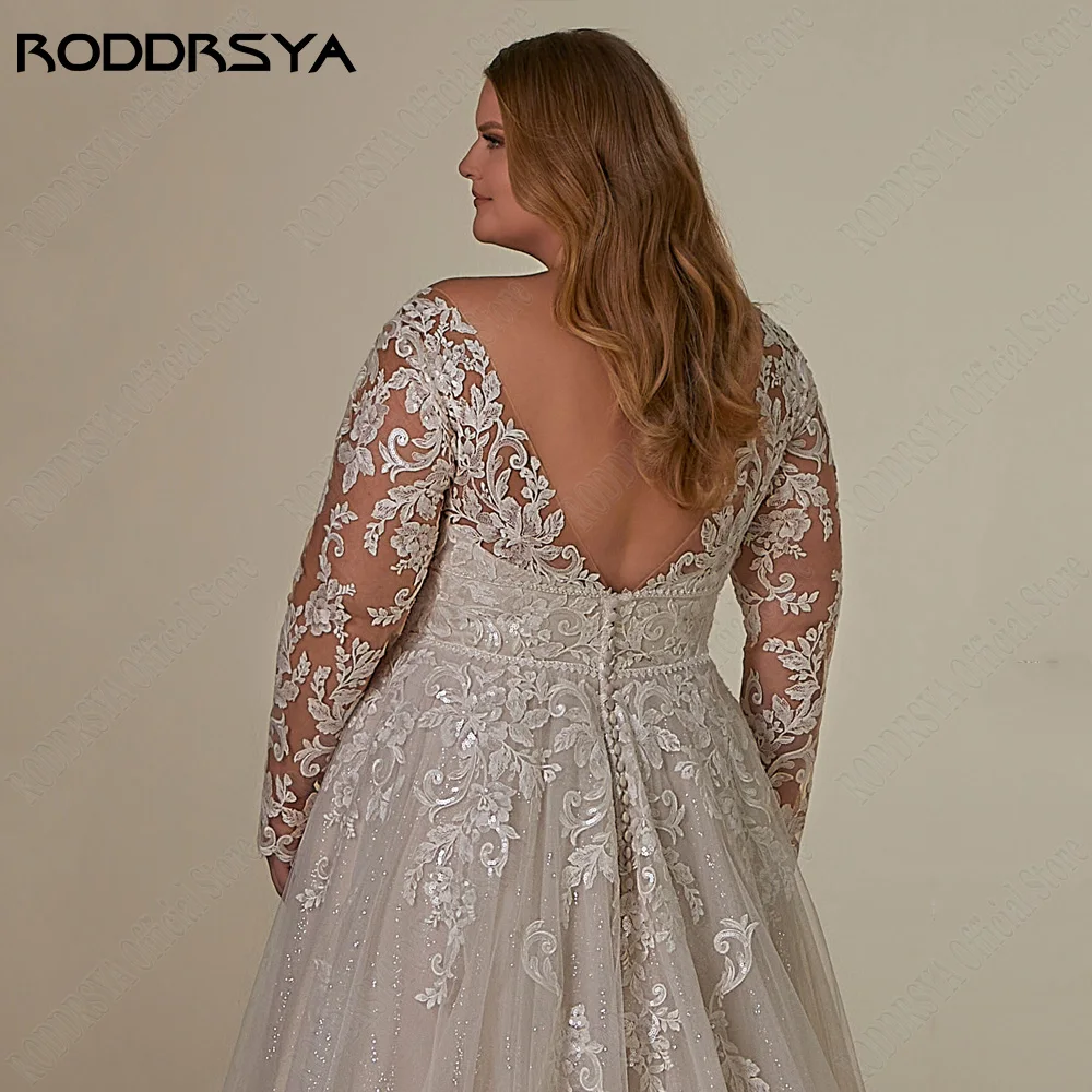 RODRSYA Vestidos de Noiva Elegantes Para Mulher Plus Size Mangas LongasRODDRSYA Elegantes Vestidos De Casamento Para A Mulher Plus Size Mangas Compridas Applique Vestidos De Noiva A Linha V-Neck Tulle vestidos de novia