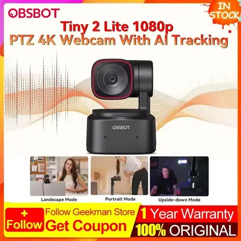 OBSBOT Tiny 2 Lite 4K Webcam for PC AI Tracking PTZ Streaming Camera with 1/2 Sensor Gesture Control. 60 FPS HDR♩Microphone