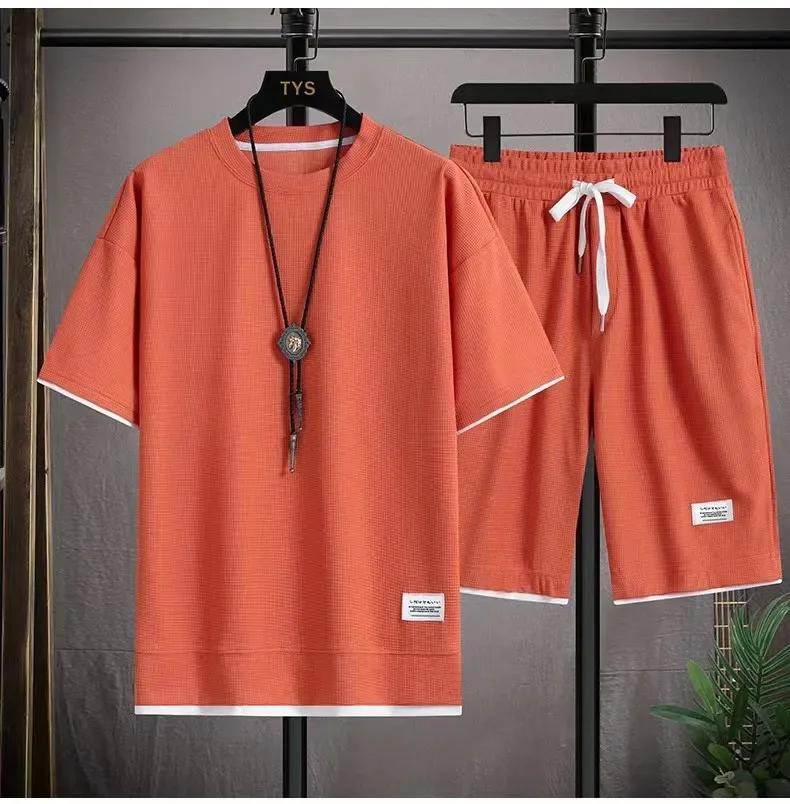 

Waffle Men's Summer Short Sleeve And Shorts Two Piece Sets Sports Casual Tracksuit Men Comfortable Cool Shorts Oversized Set
