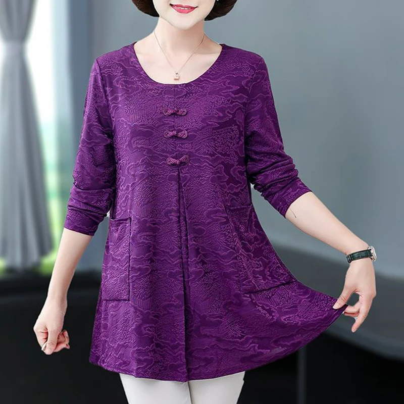 Middle Aged Women Chinese Style 3D Textured Vintage Elegant T Shirt Spring Autumn Fashion O Neck Long Sleeve Pullover Tunic Tops