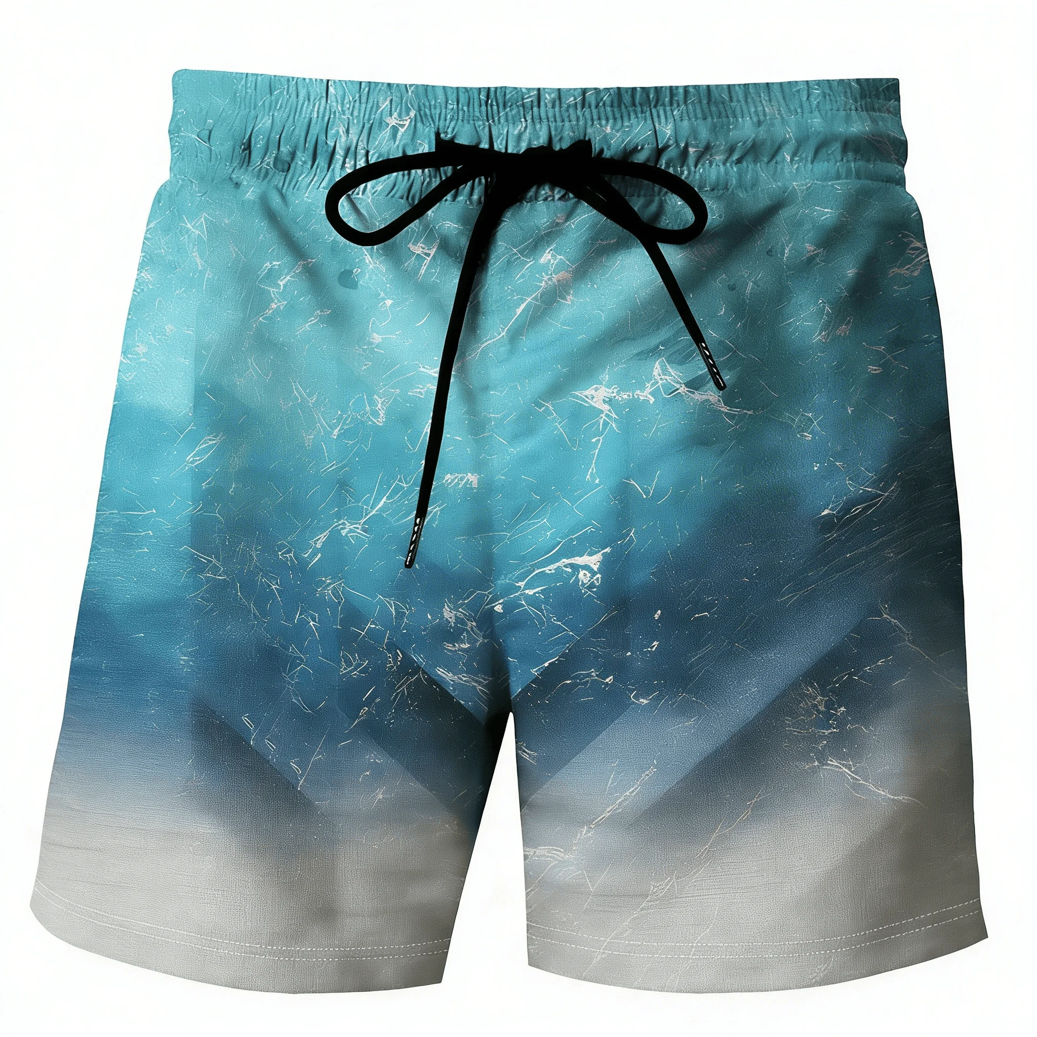 Men's Blue-White Gradient Ice Crack Geometric Print Drawstring Shorts, Summer Cool Street Casual Shorts, Pocket Beach Shorts