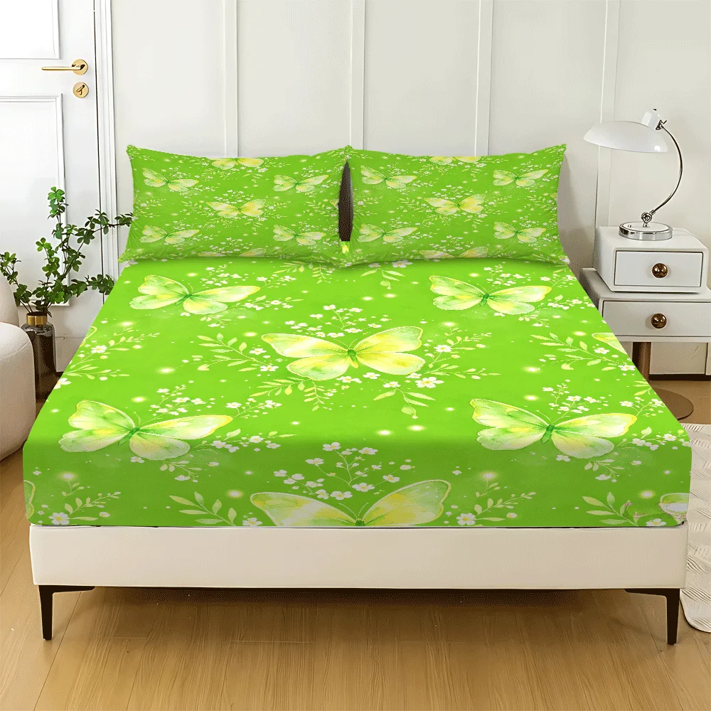 Three-Piece Bohemian Style 2D Printed Deep Pocket Fitted Sheet Set, Bedding, Butterfly Fitted Sheet, Mattress Protector, Fitted Elastic Style, Protective Cover, 2D Flat Printing, Mattress Protector, Angel Party Theme, Vintage Oil Painting Style, Christmas Limited Edition, Suitable for All Seasons, Machine Washable Design, Holiday Decoration, Various Sizes, Breathable Protective Cover with Pillow