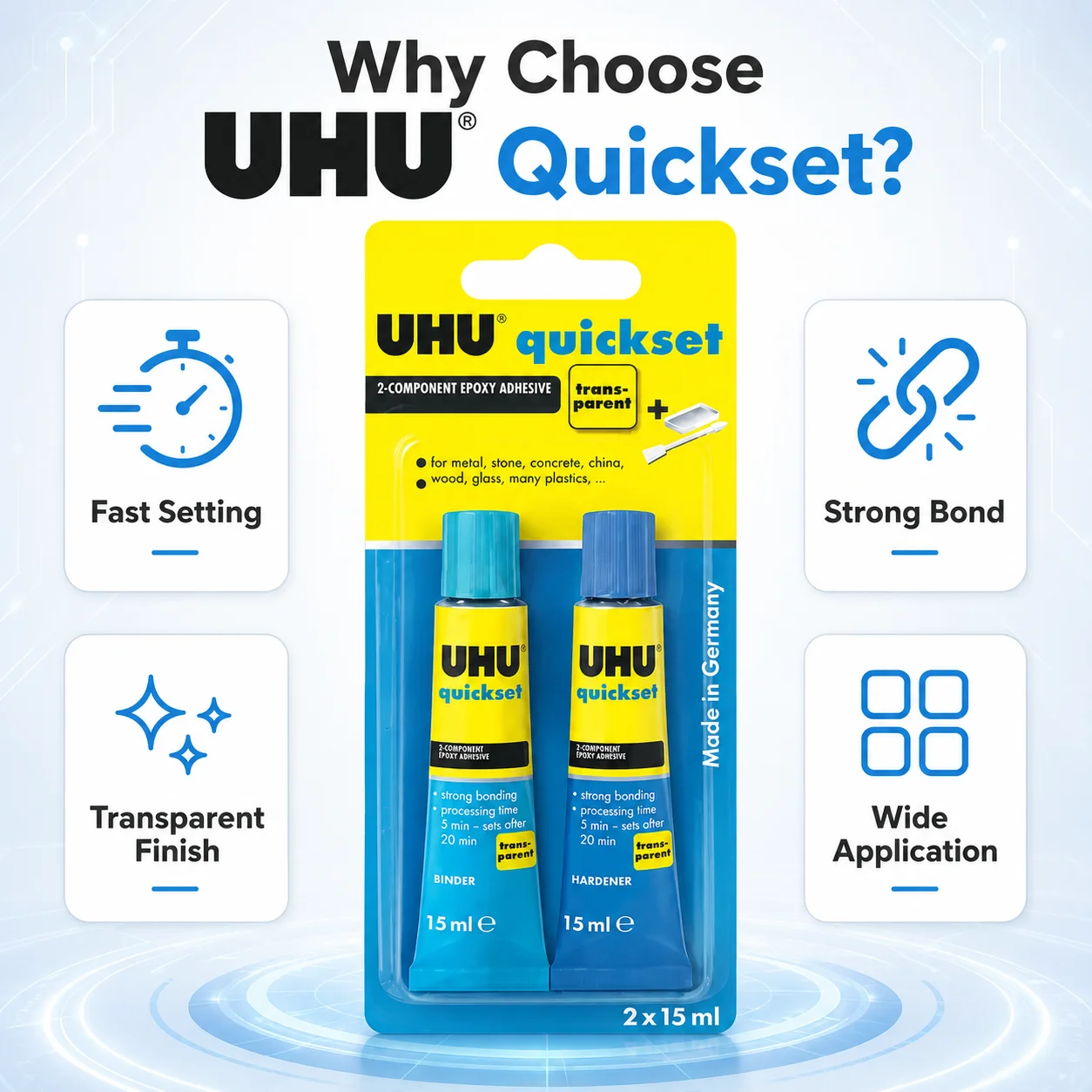 

UHU Quickset Epoxy Adhesive 30ml Transparent 2-Component AB Glue Fast Setting Strong Bond for Metal Ceramic Glass Plastic Repair