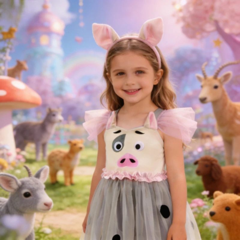 Pig-shaped Dress Set for Kids with Fluffy Tulle Skirt, Ideal for School Stage Performances and Elegant Halloween Clothes Outfits