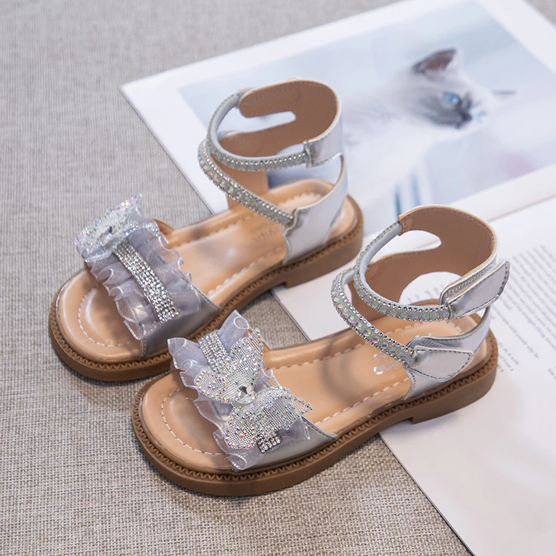 Sparkly Rhinestone Leather Sandals for Little Girls 2026 New Summer Kids Strappy Sandals Soft Sole Trendy Princess Party Shoes