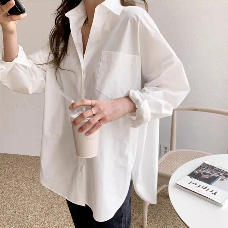 Women White Shirt 2024 Spring Autumn Vintage Ladies Tops Long Sleeve Casual Turn-down Collar Women's Loose Blouses 11456