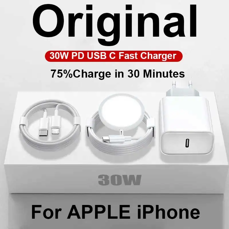 Carregador Rápido Original de 30W para APPLE iPhone 17 16 15 14 13 12 11 Pro Max Plus, Carregador Magnético Sem Fio Tipo C, Acessórios para Celular