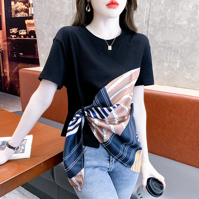 

2023 New Summer Korean Clothes T-Shirt Women Fashion Sexy O-Neck Patchwork Scarves Tops Short Sleeve Casual Irregular Tees 36064