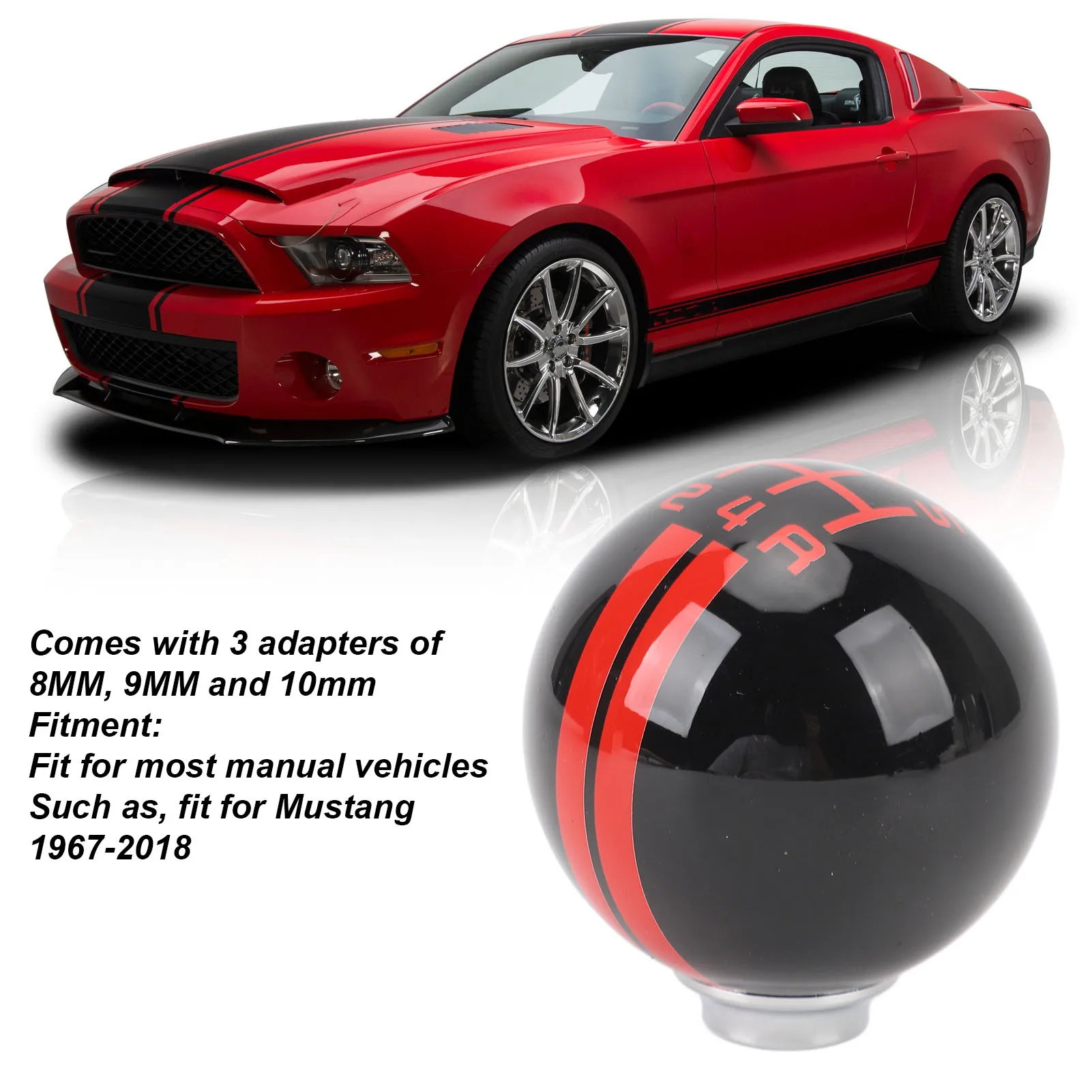 

Manual Shifter Knob, 5 Speed Shift Knob Round Ball Manual Shift Knob with 3 Adapters for Mustang 1967‑2018