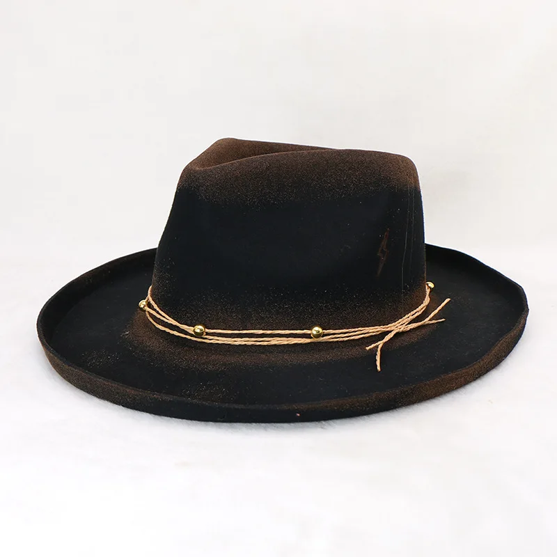 

Hot Selling Independent Station Wool Felt Hats Antique Finish Fedora Hat Curling Wide Brim Top Hat Wool Cap