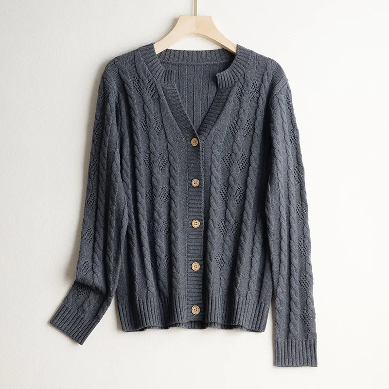 Women's Fashion New 65% Natural Mulberry Silk Cashmere Cotton Blended Casual Versatile Long Sleeve V-neck Solid Color Cardigan - Image 4