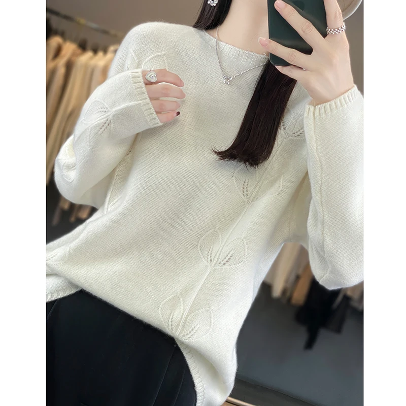 Cashmere sweater female 100 pure cashmere loose sweater new round neck wool bottoming shirt thickness