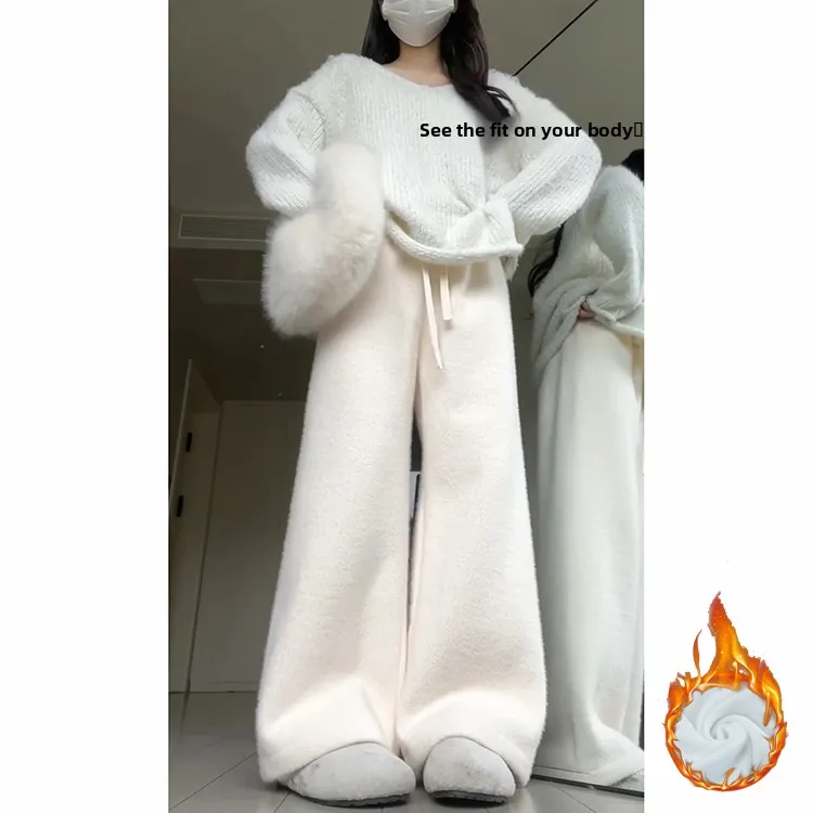 Thiened ニットミンクファー裏地付きカジュアルパンツ女性の秋冬ハイウエストストレートレッグ暖かいレジャーパンツ通勤 Sle