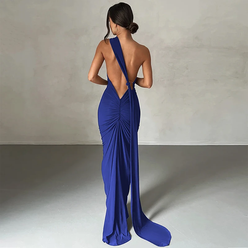Hugcitar One Shoulder Backless Adjustable Scarf Loop Ruched Sexy Maxi Dress Women Elegant Y2K Streetwear Festival Outfit 288 Sb7b1d6ddb6254bb09511db465362ef93I