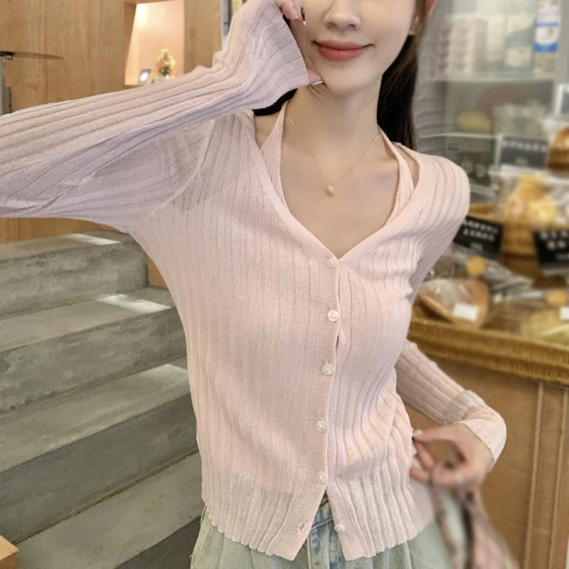 Women\'s T-shirts Casual Fashion Fake Two Pieces Knitted Long Sleeves Spring Autumn Solid Color Top