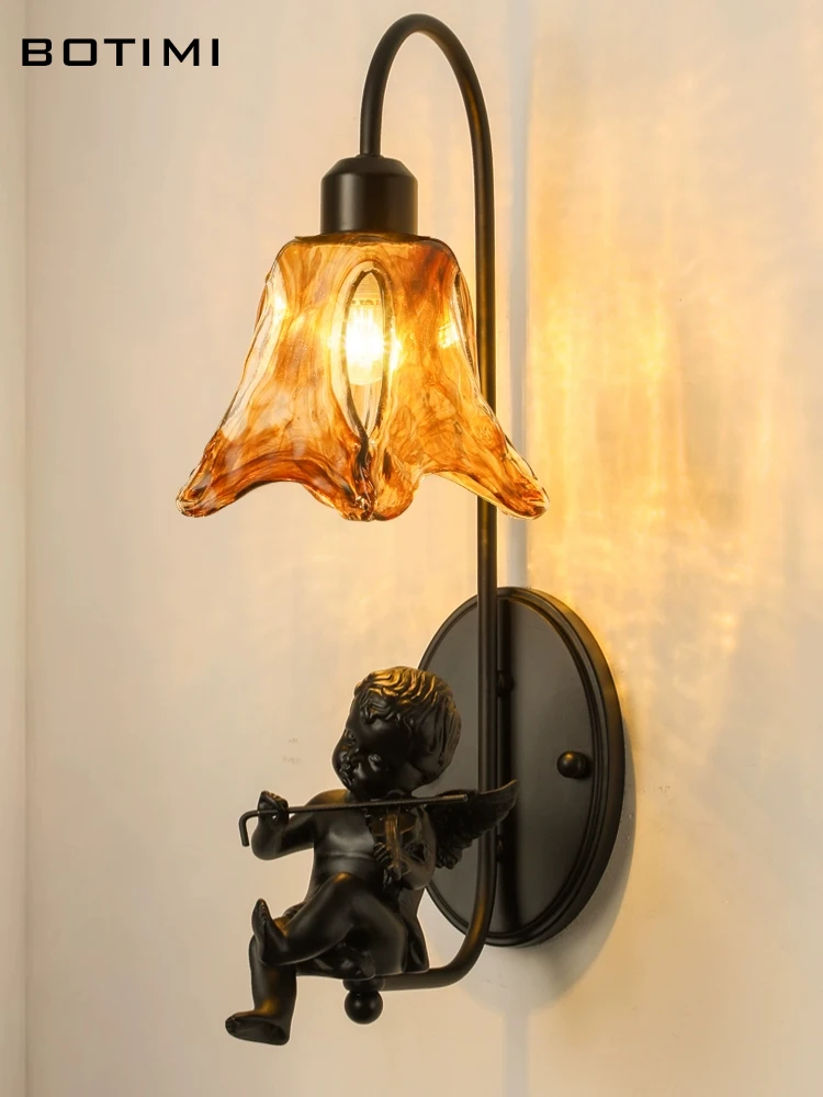 BOTIMI Retro Black Angel Wall Lamp For Bedroom Bedside Nordic Wall Sconce Background Wall Aisle Lights Home Deco Glass Luminaire