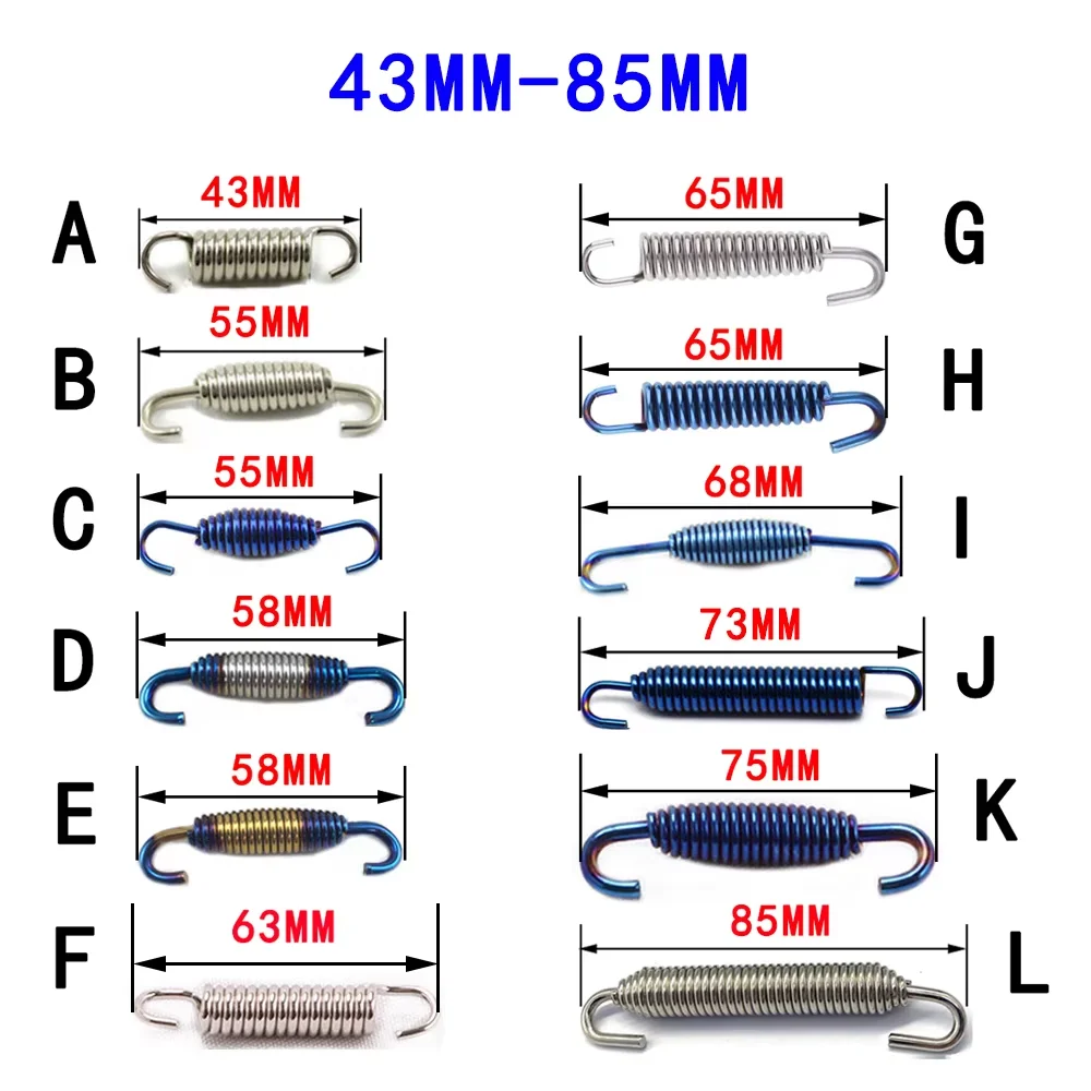 

2pcs 43mm-85mm Motorcycle Exhaust Spring Hooks Stainless Steel Exhaust Front Middle Link Pipe Rotatable Metal Colorful Springs