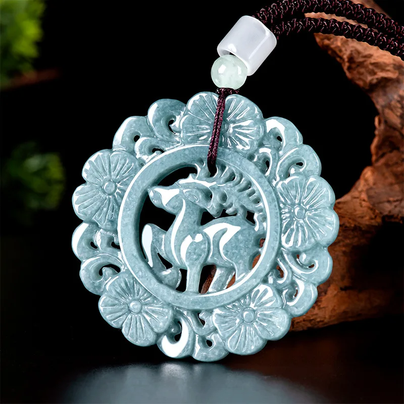 Natural Emerald Blue Water All The Way You Pendant Genuine A Goods Hollow Carving Sika Deer Pendant Men and Women's Holiday Gift