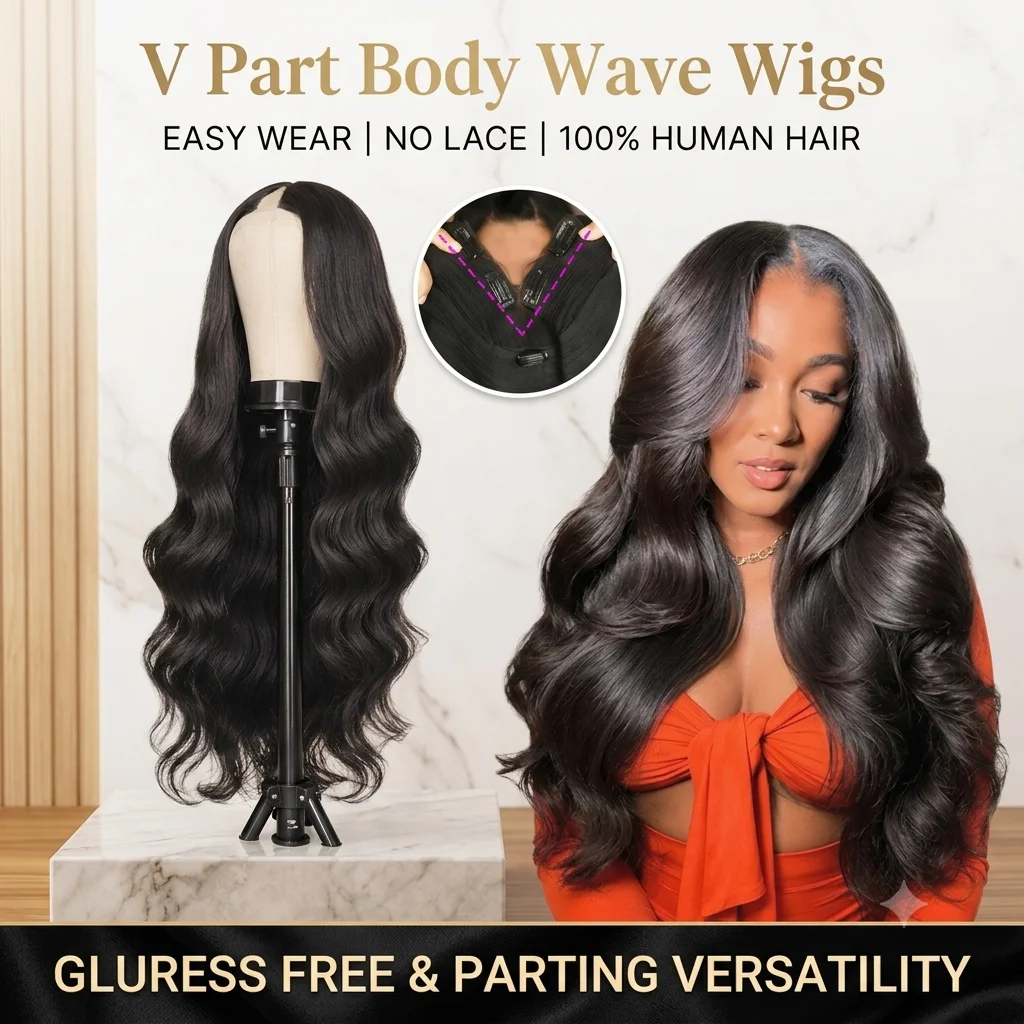 Perruque en cheveux humains V Part Body Wave, version améliorée U Part, pour femmes noires, à clipser, densité 220%, sans colle, idéale pour les débutantes, sans besoin de laisser de cheveux de côté, sans couture, noir naturel, 28 pouces