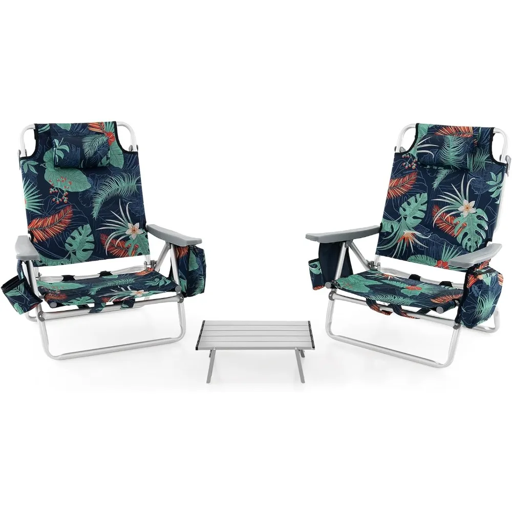 

Beach Chairs, 2-Pack Backpack Camping Chair with Armrest, Cooler Bag, Cup Holder, Towel Bar & Side Pockets, Sunbath Sling Tanni