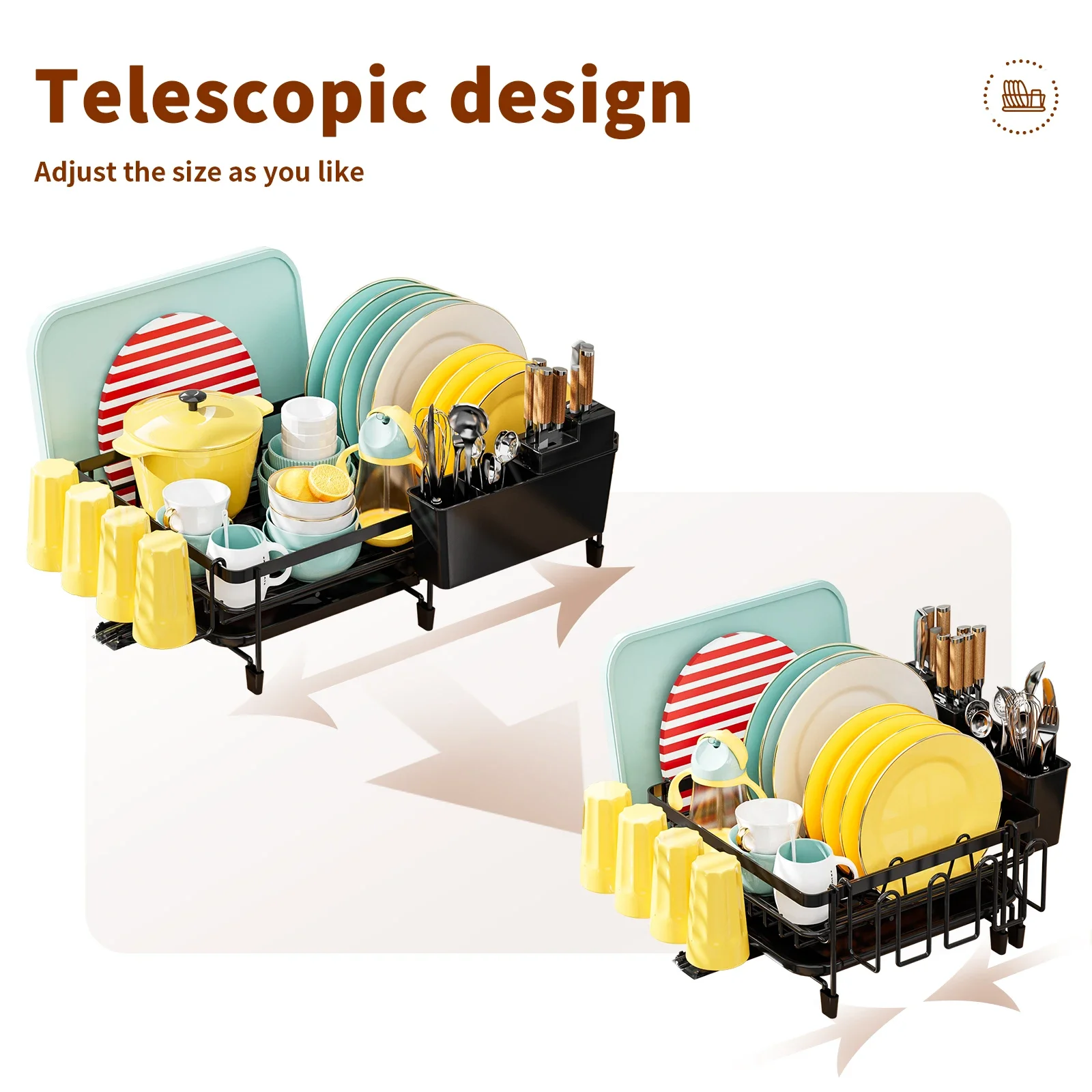 Expandable Dish drying rack Kitchen countertop tablewares storage rack Multifuctional Drained board Sturdy Black