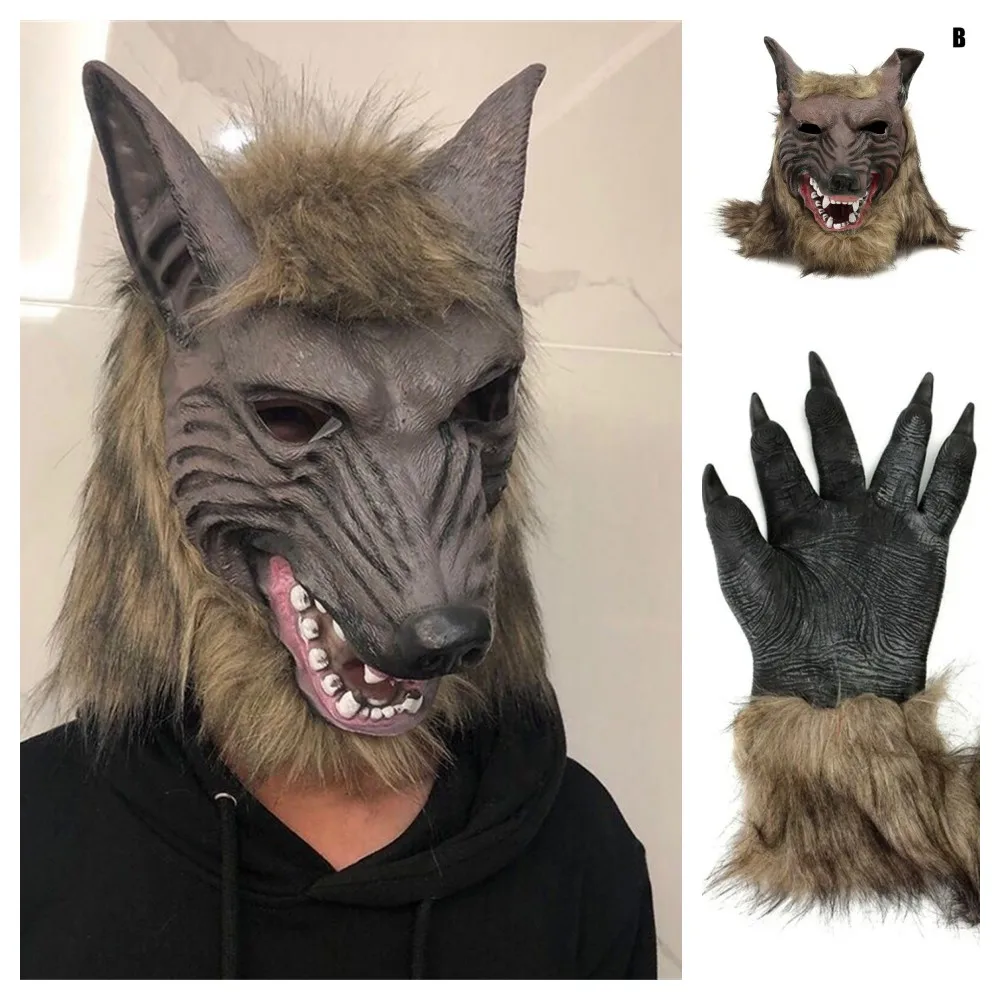 Gruselige Wolf Kostüm Halloween Cosplay Wolf Maske Werwolf Krallen Set Handschuhe Terror Teufel Phantasie Kopfschmuck Streich Requisiten Wolf Kopf bedeckung