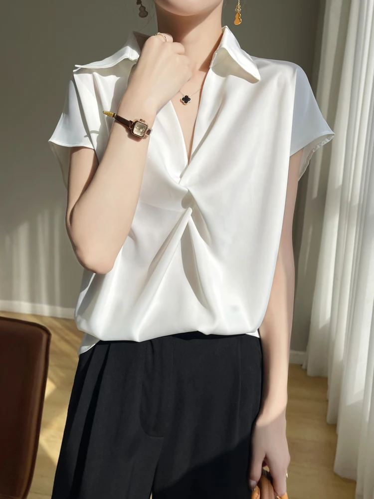 Women's Silk Satin Short-Sleeved Shirts Ladies Turn-Down Collar Loose Pullover Solid Color Casual Wild Thin Blouse Summer 2024