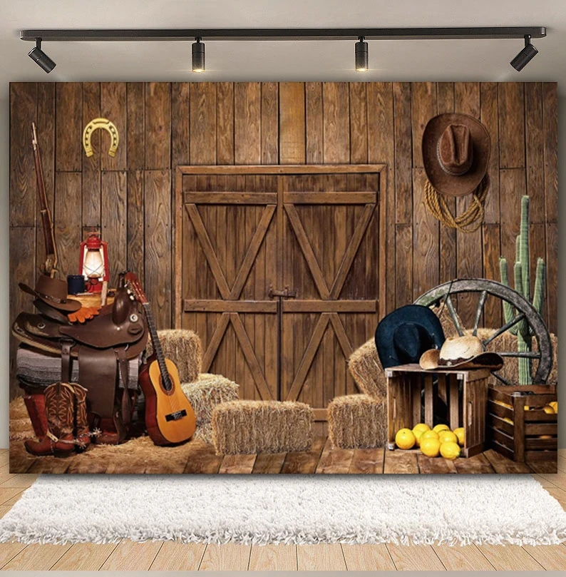 Western Cowboy Backdrop for Photography Wild West Rustic Farm Barn Haystack Hay Bale Wheel Kids Birthday Background Photo Studio