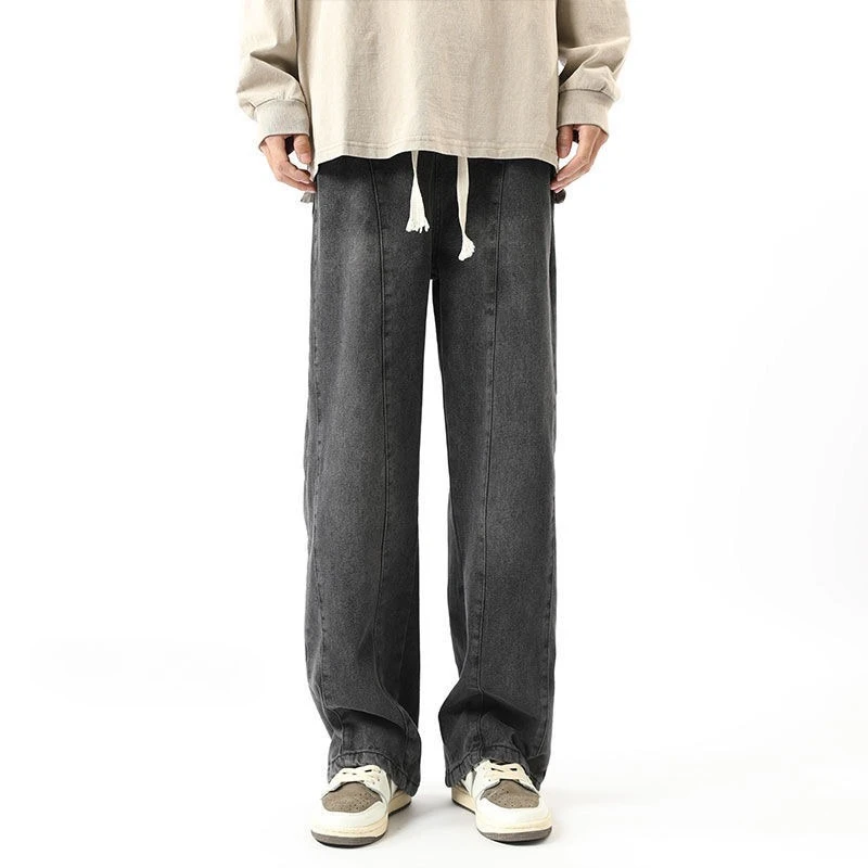 بنطال بنمط American Vibe بنطال جينز عالي الشارع برباط مغسول وخصر مطاطي وواسع الساق مقاس كبير