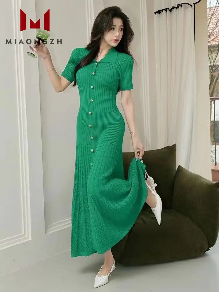 

Summer 2024 New Knit Dress For Women Turn Down Collar Short Sleeve Slim Hollow Out Elegant Vintage Party Dresses Female Clothing