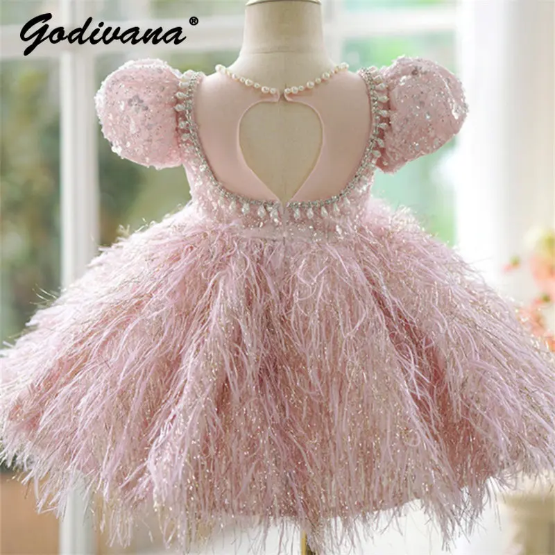 Baby Girl Piano Performance Princess Dress Kids Elegant High End Fashion Pink Feather Puff Sleeve Pearl Neck Birthday Party Gown