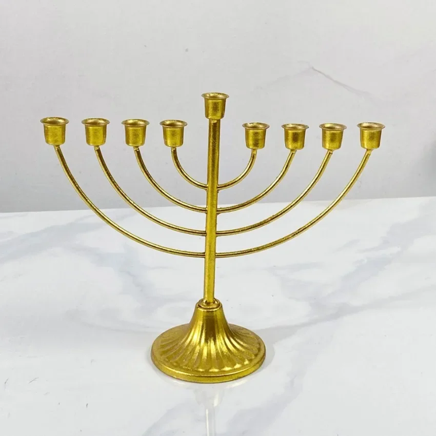 Ornate Vintage Hanukkah Candle Holder with 9 Arms, Gold Iron Menorah for Festive Prayer and Decorations