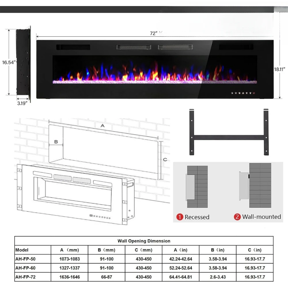 Electric Fireplace 72 Inch Wall Mounted & Recessed, Ultrathin 3.86" Electric Heater with Remote Control Touch