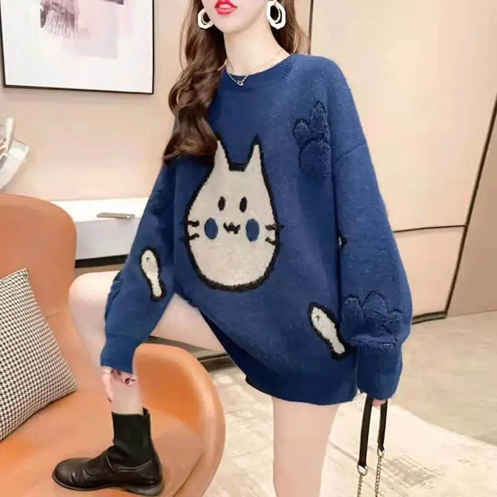 Women Knitting Sweater O-Neck Pullover Jumper Oversized Sweater Harajuku Kawaii Funny Sweaters Girl 2021 Cartoon Cat Print Tops