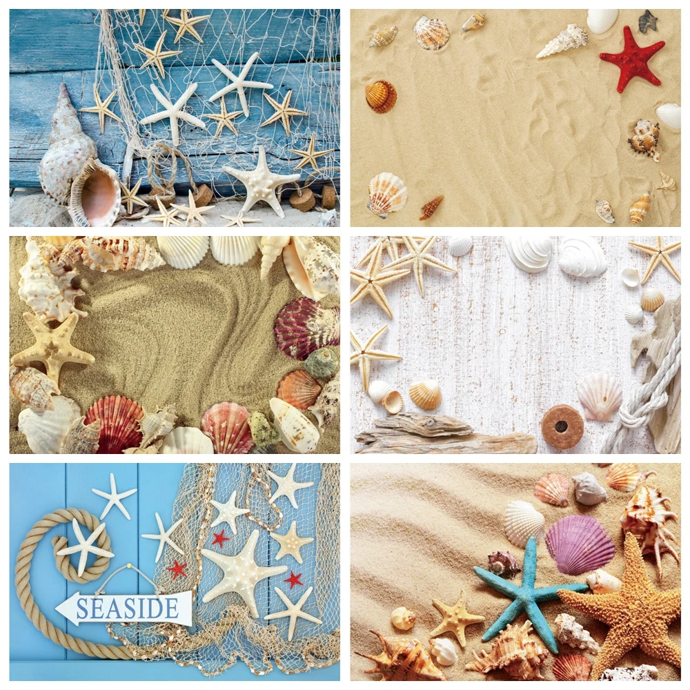 

Beach Sand Starfish Shell Conch Photography Backgrounds Vinyl Cloth Backdrop Photo Studio for Children Baby Shower Photophone