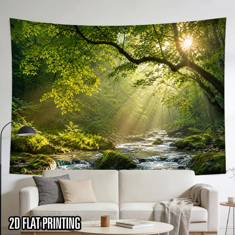 Vibrant Forest Stream Landscape Tapestry Wall Hanging Green Nature Sunlight Woodland Decor for Living Room