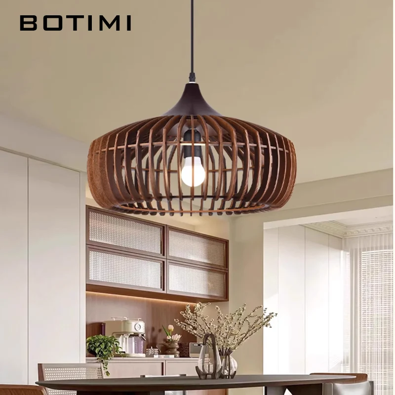 

BOTIMI 55CM Wooden LED Pendant Lights For Dining 43CM Drum Shade Lustre Wood Kitchen Luminaire Island Nordic Style Hanging Lamp