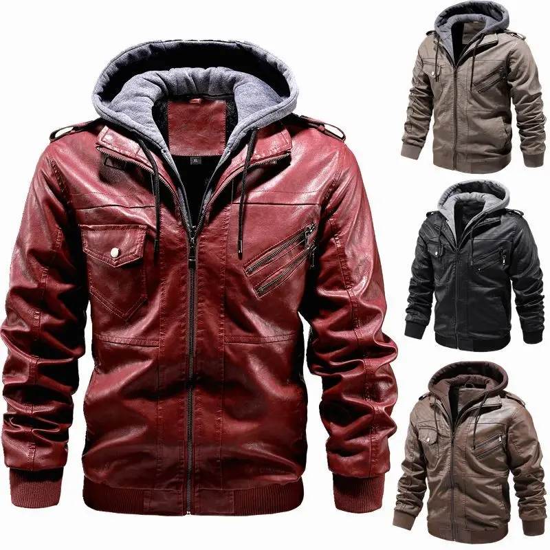 

Autumn and winter men's fleece leather jacket can be taken off the hat leather jacket two-piece set