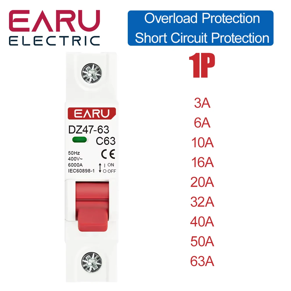 1P AC MCB DZ47-63 C Type 230/400V~ 50HZ/60HZ Mini Circuit Breaker 3A 6A 10A 16A 20A 25A 32A 40A 50A 63A Mounting 35mm Din Rail