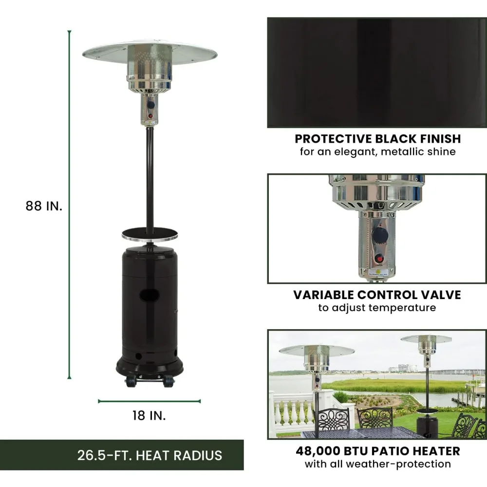 سخان فناء من البروبان بطول 7 أقدام مع وحدة حرارية بريطانية 48,000 وحدة حرارية بريطانية وغطاء مقاوم للماء وعجلات وإشعال بزر ضغط
